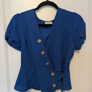 Blue Wrap Top with Button Up Look